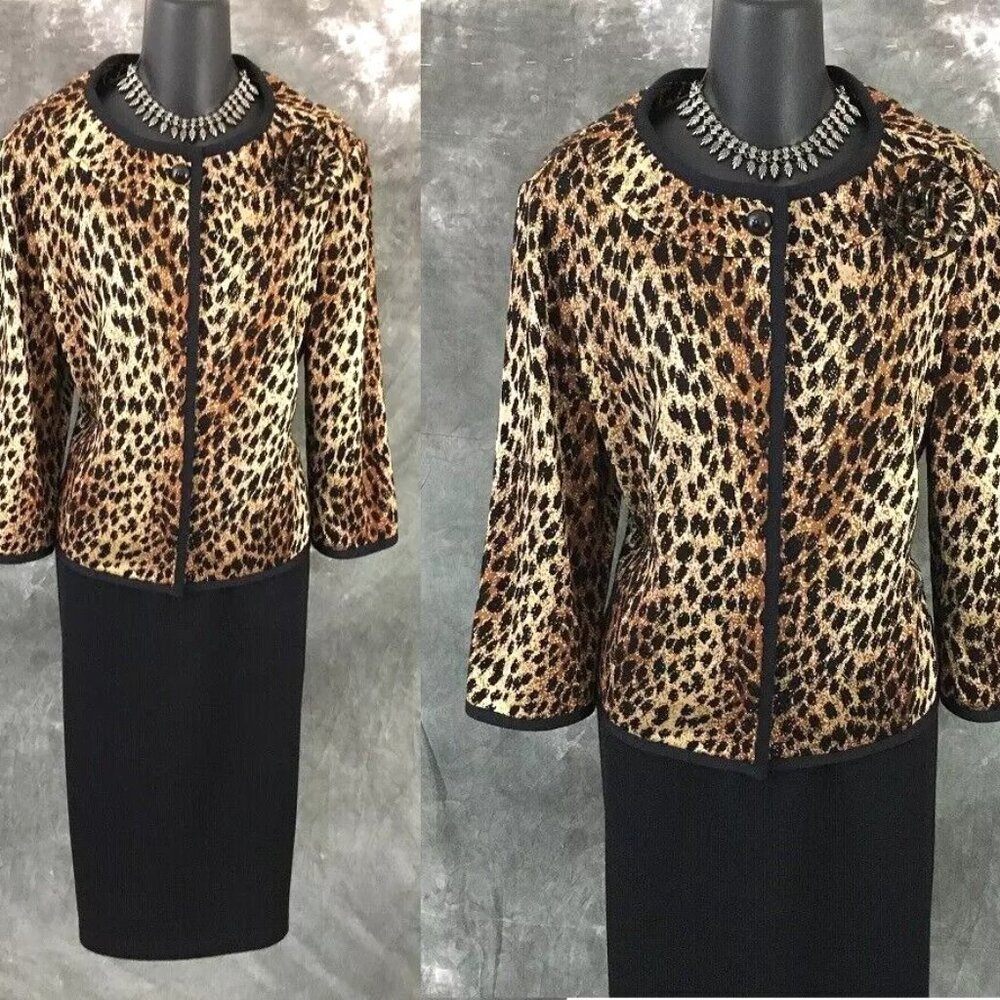 BEAUTIFUL St John collection knit black beige jacket skirt suit size 12